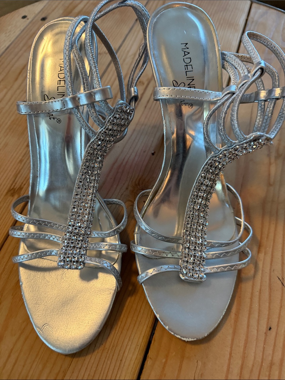 Madeline Stuart Silver Rhinestone T-Strap Heels